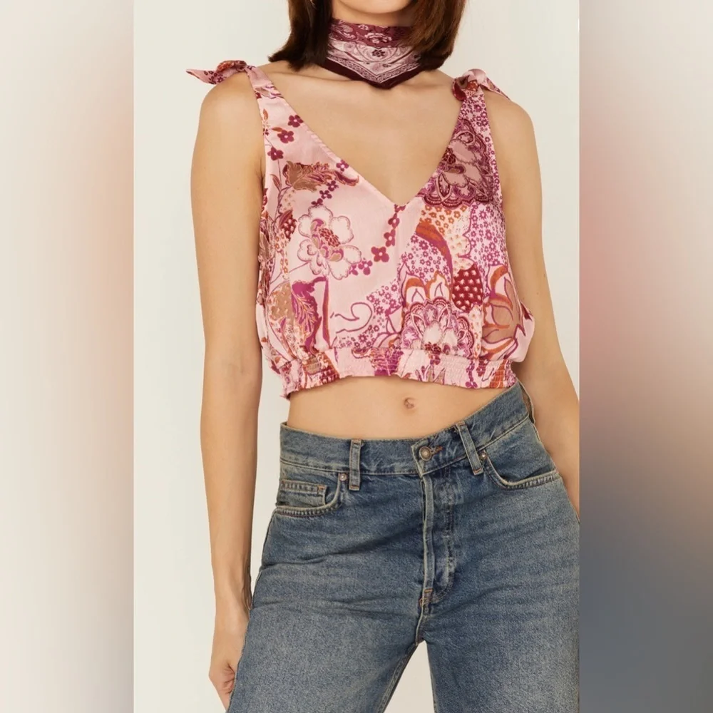 NEW FREE PEOPLE - Blush Floral Top with Elasticized Waistband